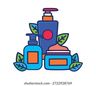 Ilustración vectorial de rutina de belleza con botella de perfume, tarro de crema y limpiador facial. Ilustración vectorial de Productos de cuidado facial con perfume, crema y limpiador para el diseño de belleza.