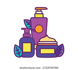 Ilustración vectorial de rutina de belleza con botella de perfume, tarro de crema y limpiador facial. Conjunto de Vector de Productos para el cuidado de la piel que incluye perfume, crema y limpiador facial para el diseño de cosméticos. Cuidado de la piel, bienestar y marca cosmética.