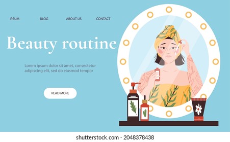 Diseño de banner web de rutina de belleza con hermosa mujer aplicando esencia facial frente del espejo, ilustración vectorial plana. Procedimientos diarios de belleza para la salud de la piel.