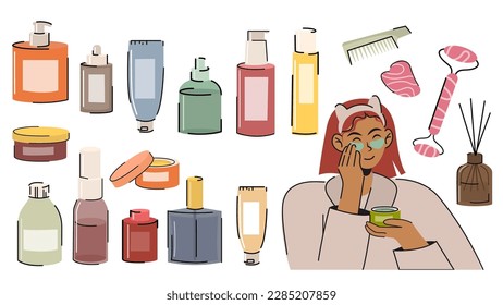 Beauty routine. Woman skin care. set of cosmetic jars. vector illustration