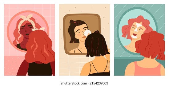 Beauty routine. Women looking at mirrors. Bathroom face cleansing procedures. Skincare and youth preservation. Home spa or makeup. Females applying moisturizer or mask