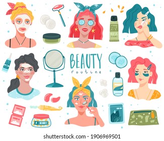 Beauty routine women. Young girls face skin caring, organic cosmetic products, girl portraits with facial masks, creams and care supplies. Home body care procedures vector trendy cartoon isolated set