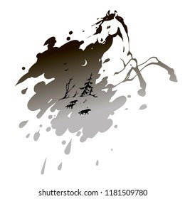 Beauty running Horse . Vector illustration with blots, splashes and gradient. Landscape with moon and wolves. Double exposure.