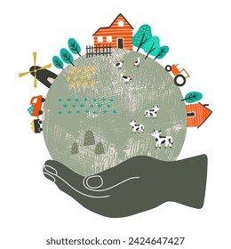 Beauty of rural life exposed by charming hand-drawn poster, featuring a palm holding a globe amidst a rich agricultural landscape. Discover the self-sustained lifestyle and abundance of nature.