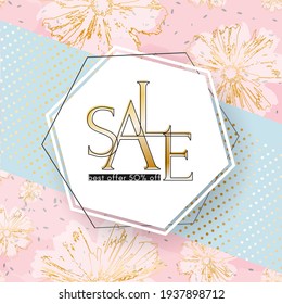 Beauty sale banner Elegant luxury golden sale text on a summer flowers specks background Luxury theme card banner for advertising sale promo discount Beauty spring summer theme of fashion sale Vector