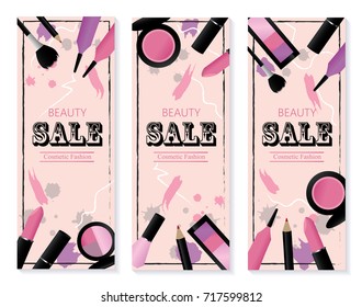 Beauty Sale banner with make up objects, Cosmetics set.