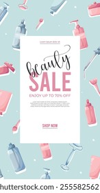 Beauty Sale cosmetics banner for shopping beauty,season, makeup, accessories, equipment,facial, fashion.Vector sale banner with text on skincare stokes background.Good for beauty shops.