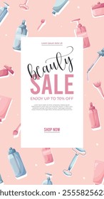 Beauty Sale cosmetics banner for shopping beauty,season, makeup, accessories, equipment,facial, fashion.Vector sale banner with text on skincare stokes background.Good for beauty shops.