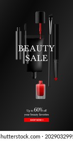 Beauty sale elegant vertical banner template with black makeup products isolated on black background. Ad mock up for online stores and branding. 3d vector realistic illustration.