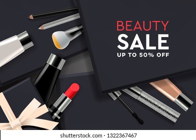 Beauty Sale poster with cosmetic products, gift boxes, ads streamers. Modern design vector illustration concept for website and mobile website development.