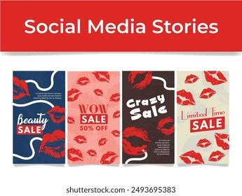 Beauty sale shopping social media stories with red female lips design template set vector illustration. Retail shop store special offer price off discount clearance clothes accessory cosmetics perfume