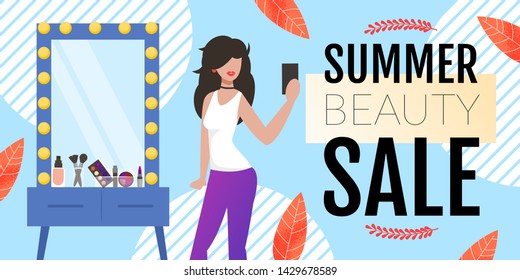 Beauty Sales Banner Offering Discount on Cosmetics. Beautiful Woman with Makeup Taking Selfie Vector Mirror with Products for Sell-out. Flat Advertising Illustration