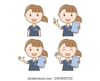 Beauty salesperson greeting and explaining with a smile_Esthetician_Uniformed female 4 pose set svg