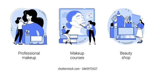 Beauty salon abstract concept vector illustration set. Professional makeup, makeup courses, beauty shop, online workshop, skin care products, gift card, cosmetics masterclass abstract metaphor.