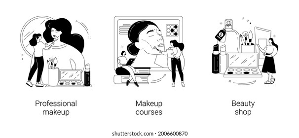 Beauty salon abstract concept vector illustration set. Professional makeup, makeup courses, beauty shop, online workshop, skin care products, gift card, cosmetics masterclass abstract metaphor.