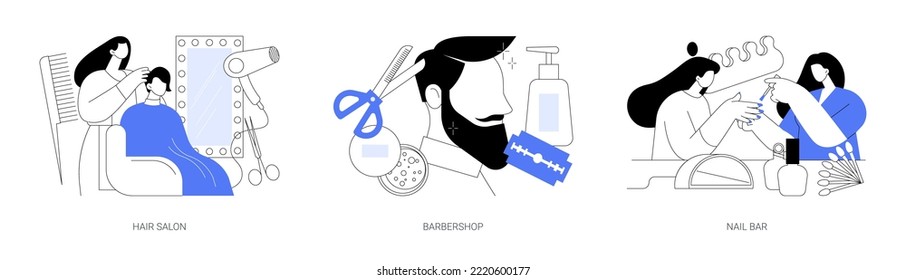 Beauty salon abstract concept vector illustration set. Hair salon, barbershop, nail bar, Haircut service, beard shaving, nail polish, french manicure, hairstylist chair and scissors abstract metaphor.