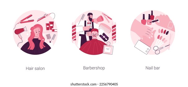 Beauty salon abstract concept vector illustration set. Hair salon, barbershop, nail bar, Haircut service, beard shaving, nail polish, french manicure, hairstylist chair and scissors abstract metaphor.