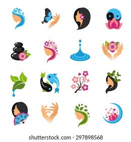 Beauty salon abstract female care and wellness icons set isolated vector illustration
