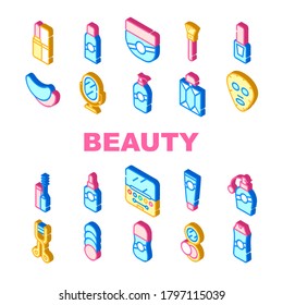 Beauty Salon Accessory Collection Icons Set Vector. Lipstick And Powder, Beauty Facial Mask And Perfume, Cream And Shampoo, Mirror And Nail Polish Isometric Sign Color Illustrations