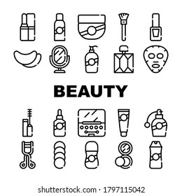 Beauty Salon Accessory Collection Icons Set Vector. Lipstick And Powder, Beauty Facial Mask And Perfume, Cream And Shampoo, Mirror And Nail Polish Black Contour Illustrations