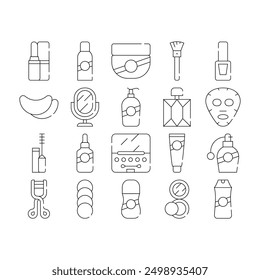 Beauty Salon Accessory Collection Icons Set Vector. Lipstick And Powder, Beauty Facial Mask And Perfume, Cream And Shampoo, Mirror And Nail Polish Black Contour Illustrations