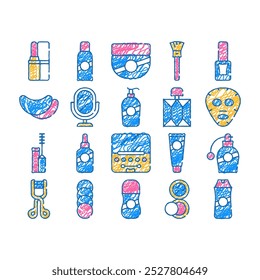 Vector del sistema de los iconos del doodle del accesorio del salón de belleza, lápiz labial y polvo del arte de la línea del boceto, máscara facial de la belleza y perfume, crema y champú, espejo y ilustraciones del color del esmalte de uñas