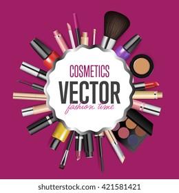 Beauty salon advert. Professional quality makeup cosmetics shop or beauty studio logo. Beautician tool for female makeover stylish background. Cosmetics vector. Fashion time illustration
