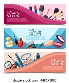 Beauty salon advertisement 3 horizontal banners set with cosmetics and make-up accessories realistic isolated vector illustration 