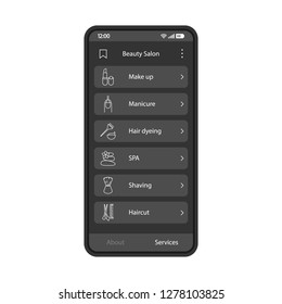 Beauty salon app interface vector template. Mobile app interface black design layout. Spa, makeup, hairdressing, manicure procedures. Flat UI. Phone display with beauty services list