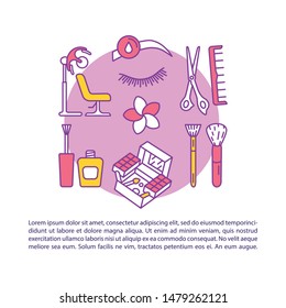Beauty salon article page vector template. Hairdressing and makeup. Brochure, magazine, booklet design element with linear icons and text boxes. Print design. Concept illustrations with text space 
