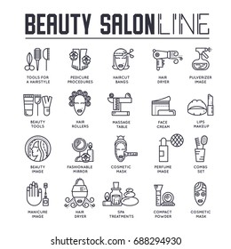 Beauty salon with assortment of cosmetology and beauty design.  Flat equipment in beauty salon vector illustration concept.