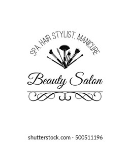Beauty Salon Badge. Makeup Brushes Logo. Filigree Svirl Decorated. Vector Illustration. Isolated