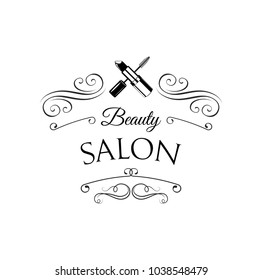 Beauty Salon Badge. Mascara, lipstick. Swirls, filigree elements. Vector Illustration Isolated On White Background