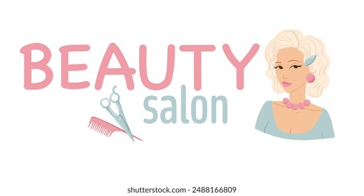 Beauty salon banner design. Retro hairdressing salon. Trendy logotype with a cartoon hand drawn vector illustration. Beautiful woman in 50s style. Cute signboard for hair salon.