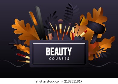 Beauty Salon Banner. Makeup and Hair Style accessories. Decorative illustration with haircut  and Make-up equipment. Realistic Poster  Vector Illustration 