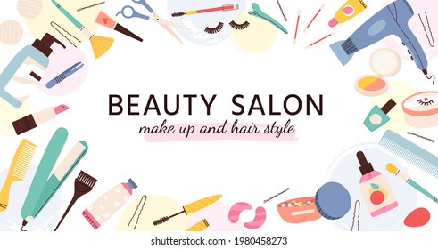 Beauty salon banner. Poster for hairdresser, makeup artist and nail salons with cosmetics and skin care products, fashion vector template. Beauty salon banner, makeup and hairdryer illustration