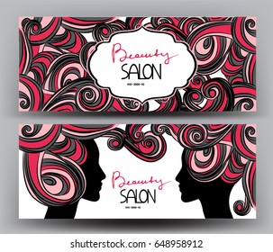 Beauty salon banner with woman's head silhouette and curls. Vector illustration