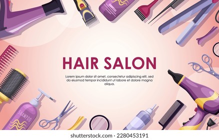  Banner o afiche de peluquería de salón de belleza. Accesorios de peluquería. Herramientas profesionales para curling y peluquería. Diseño de color púrpura rosa para el volante de impresión y el fondo web. Ilustración del vector