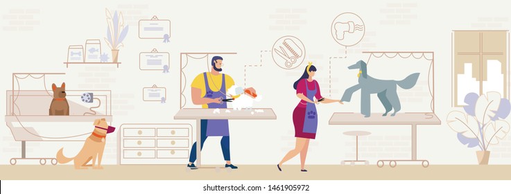 Beauty Salon or Barbershop for Dogs, Veterinary Clinic Hairdresser Flat Vector. Male, Female Barbers, Groomers in Aprons Using Scissors, Grooming, Trimming Various Breed Dogs on Tables Illustration