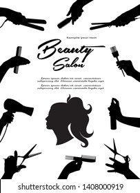 Beauty salon.  Barbershop and Beauty hair. Beauty Hair Women.  Hands Barber cut, stack, curl, dye their hair. Black isolated silhouette. Vector illustration