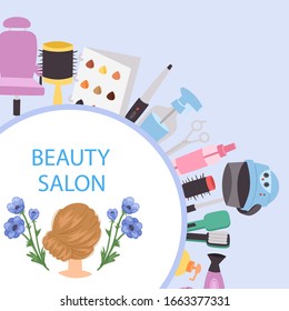 Beauty salon, barbershop with haircut cosmetics, makeup accessories in circle vector illustration. Cosmetics with brushes, powder palettes, lipstick, eye pencil, nail polish for beauty salon, shop.