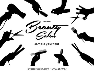 Beauty Salon.  Barbershop And Hairdressing. Hands Barber Cut, Stack, Curl, Dye Their Hair.  Horizontal Banner. Black Isolated Silhouette. Vector Illustration