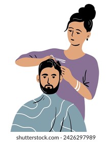 Beauty salon barbershop. A woman hairdresser gives a haircut to a male client. Flat vector illustration. A woman hairdresser gives a haircut to a male client. Flat vector illustration