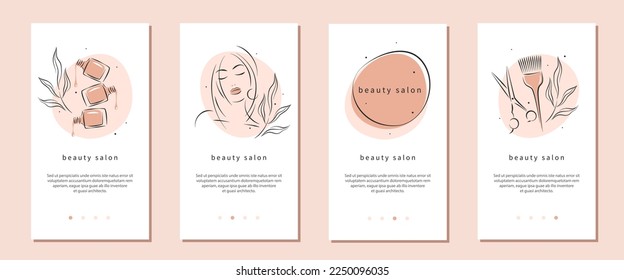 Beauty salon. Beautiful woman face, nail polish, scissors and hair brush. Vector illustrations