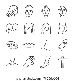 Beauty salon body parts line icon set. Included the icons as face, hair, eye, breasts, hand, hips, butt and more.