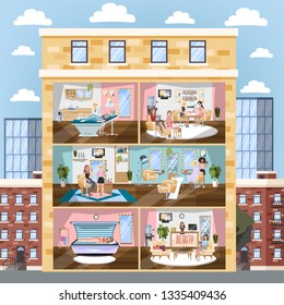 Beauty salon building interior. Making haircut, fashion manicure and pedicure, spa, cosmetology and others. Glamour lifestyle. Vector illustration in cartoon style