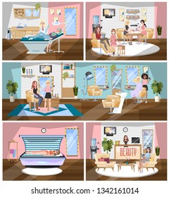 Beauty salon building interior. Making haircut, fashion manicure and pedicure, spa, cosmetology and others. Glamour lifestyle. Vector illustration in cartoon style