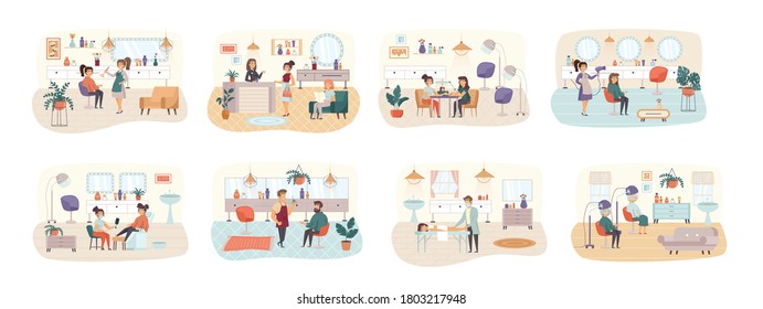 Schöner Salon-Bundle von Szenen mit flachen Menschen Charaktere. Barbershop konzeptuelle Situationen. Maniküre und Pediküre, Friseur, Make-up, Massage und Kosmetologie-Verfahren, Cartoon Vektorgrafik