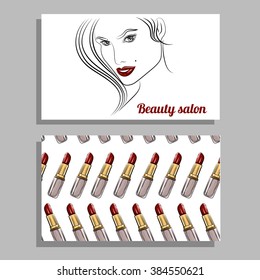 Beauty salon business card. Make-up artist business card. Vector template with makeup items pattern with red lipstick. Hand drawn illustrations.