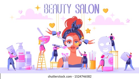 Сoncept of beauty salon and care cosmetics. Small flat people serve a client. Apply mask, put patches under eyes. Mix ingredients for masks and make cleaning and facial massage with special tools.